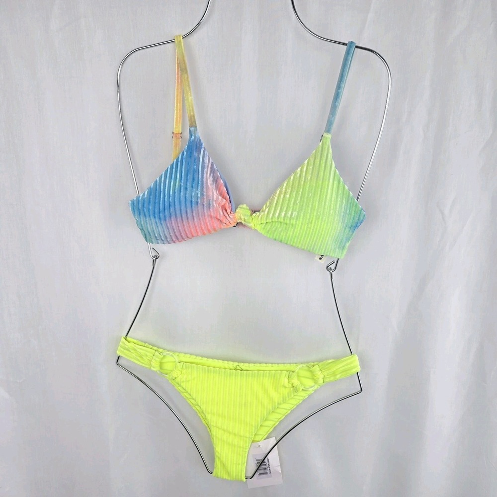 Dippin Daisys‎ Bikini Tie Dye Neon Rib Size S New Zen Top Basque Bottom Swimsuit
